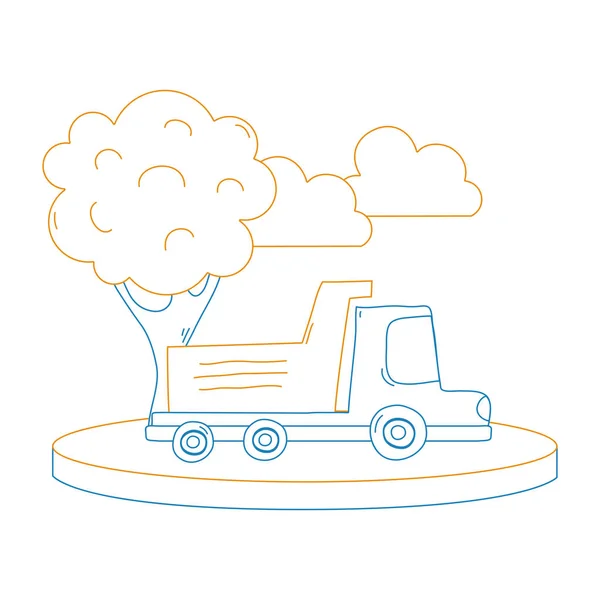 Camión Volquete Línea Color Ciudad Con Nubes Vector Árbol Ilustración — Vector de stock