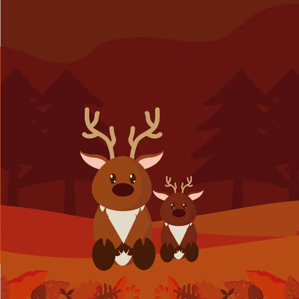 Herten Bos Schattige Dieren Tekenfilms Vector Illustratie Grafisch Ontwerp — Stockvector