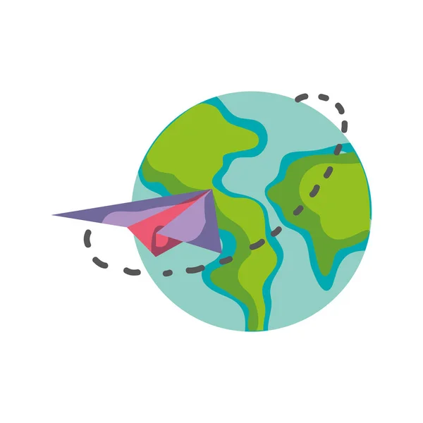 Globale Erde Planet Mit Papier Flugzeug Design Vektor Illustration — Stockvektor