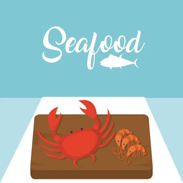 Crabster Shrimps Wooden Table Vector Illustration Graphic Design — Stock Vector