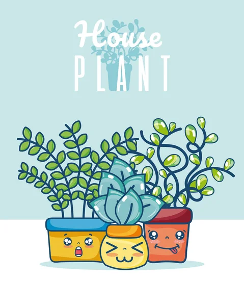 Conjunto Bonito Planta Sala Kawaii Desenho Animado Vetor Ilustração Design —  Vetores de Stock