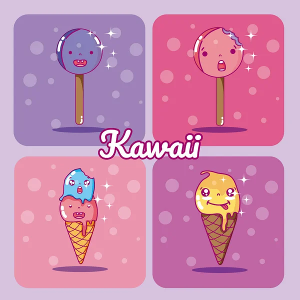 Мороженое Милые Kawaii Карикатуры Векторные Иллюстрации Графический Дизайн — стоковый вектор