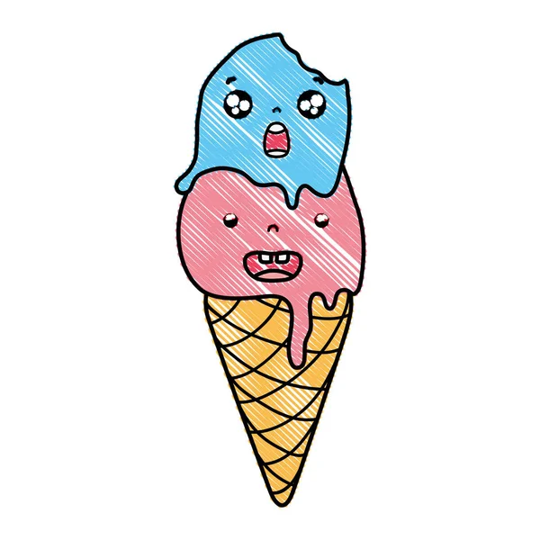 Τριμμένο Χαριτωμένο Παγωτό Από Δύο Μπάλες Kawaii Εικονογράφηση Διάνυσμα Κορνέτα — Διανυσματικό Αρχείο