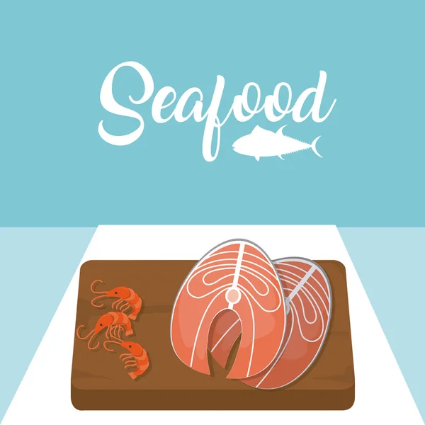 Steaks Viande Crevettes Sur Table Bois Illustration Vectorielle Graphisme — Image vectorielle