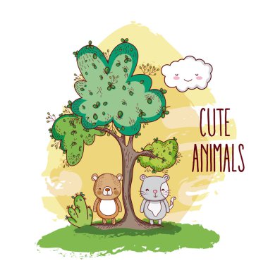 Bear ve cat orman vektör çizim grafik tasarım