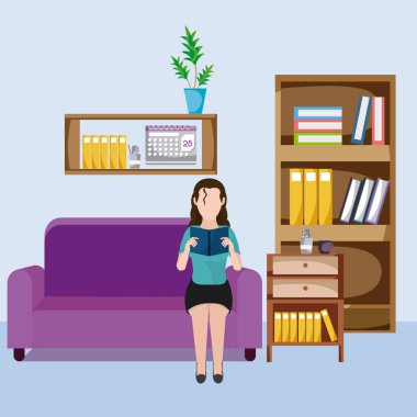 Kadın eve vektör çizim grafik tasarımdan bir kitap okuma