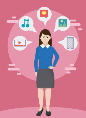 Sosyal medya ile yönetici kadın vektör çizim grafik tasarım