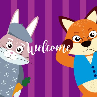 Komik hayvanlar karikatür vektör çizim grafik tasarım ile hoş geldiniz kartı