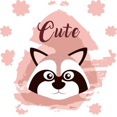 Rakun sevimli çizgi çiçek arka plan vektör çizim ile beyaz ve pembe renkler