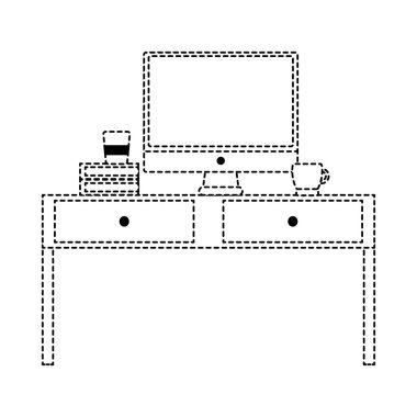 bilgisayar ekranı ve kitap vektör çizim ile noktalı şekil ahşap masa