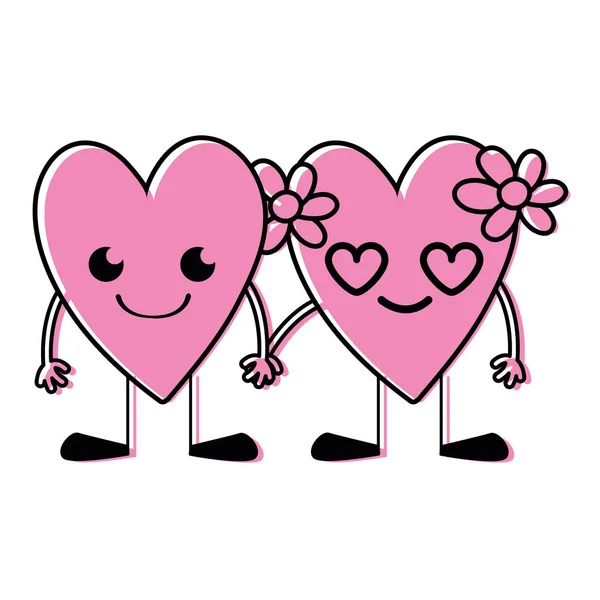Color Nice Hearts Couple Kawaii Arms Legs Vector Illustration — Stock Vector
