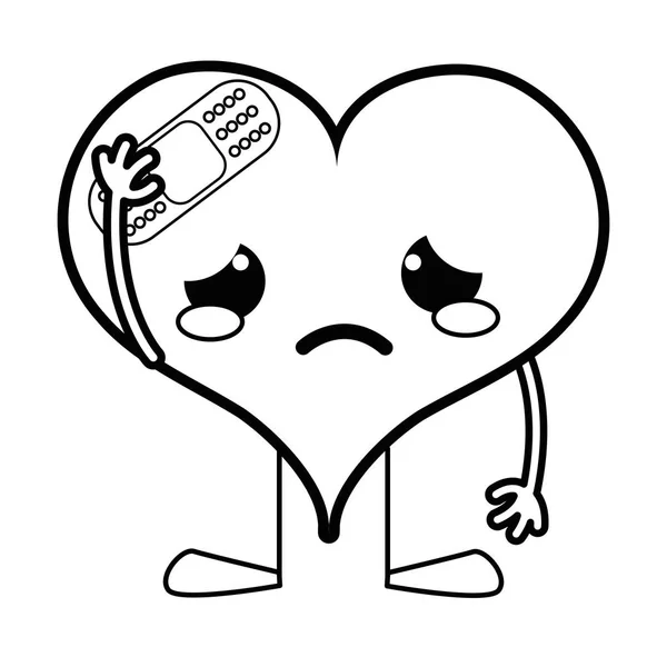 Line Crying Heart Aid Band Kawaii Character Vector Illustration — Stock Vector