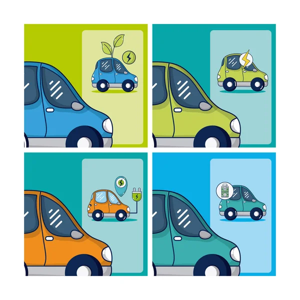 Elektrische Auto Groene Energie Set Vierkante Kaders Vector Illustratie Grafisch — Stockvector