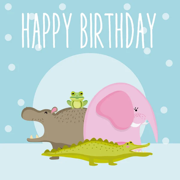 可爱的动物快乐生日卡可爱的卡通矢量插图图形设计 — 图库矢量图片