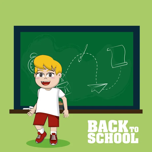 Leuke School Jongen Voorkant Schoolbord Vector Illustratie Grafisch Ontwerp — Stockvector