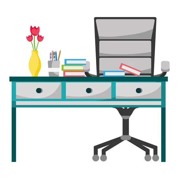 オフィス木製の机と本と椅子のベクトル図 — ストックベクタ