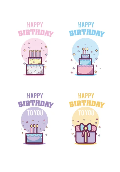 Conjunto Tarjetas Feliz Cumpleaños Con Dibujos Animados Vector Ilustración Diseño — Vector de stock