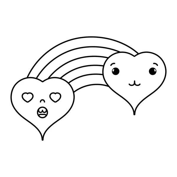 Ligne Tendre Dans Les Cœurs Amour Nuages Kawaii Avec Illustration — Image vectorielle