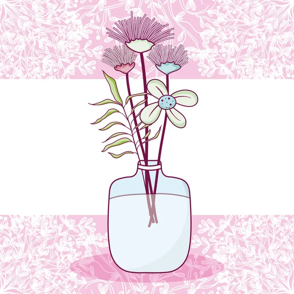 Flores Tarro Vidrio Púrpura Blanco Tarjeta Vector Ilustración Diseño Gráfico — Vector de stock