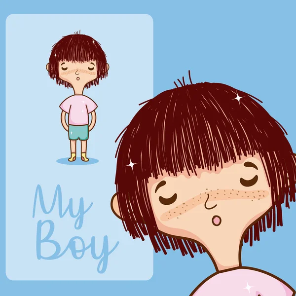 可爱的男孩微笑的动画片在蓝色背景向量例证图图形设计 — 图库矢量图片