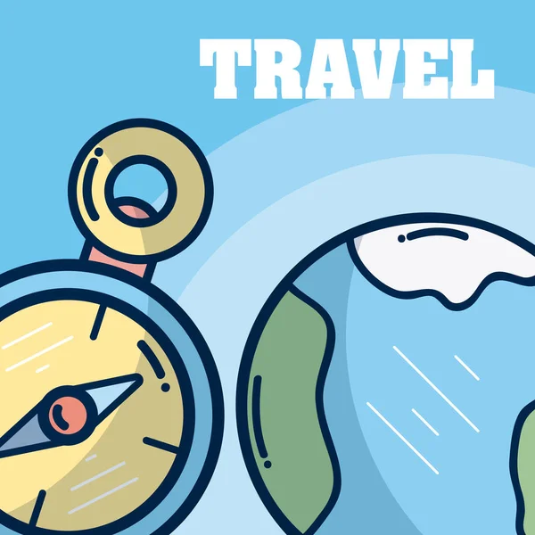 Reise Navigationskompass Und Welt Cartoon Vektor Illustration Grafik Design — Stockvektor