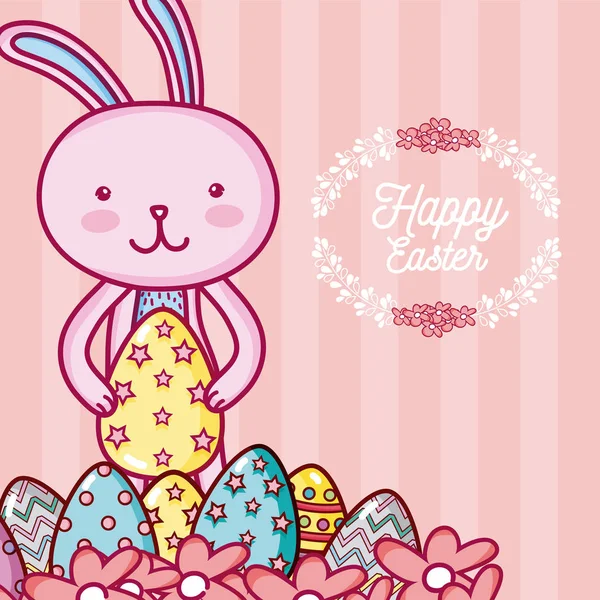 Fröhliche Osterkarte Mit Kaninchen Tier Cartoon — Stockvektor