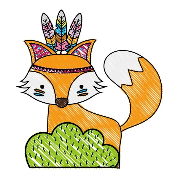 Grated Ethnic Fox Animal Back Bushes Plant Vector Illustration — Stock Vector