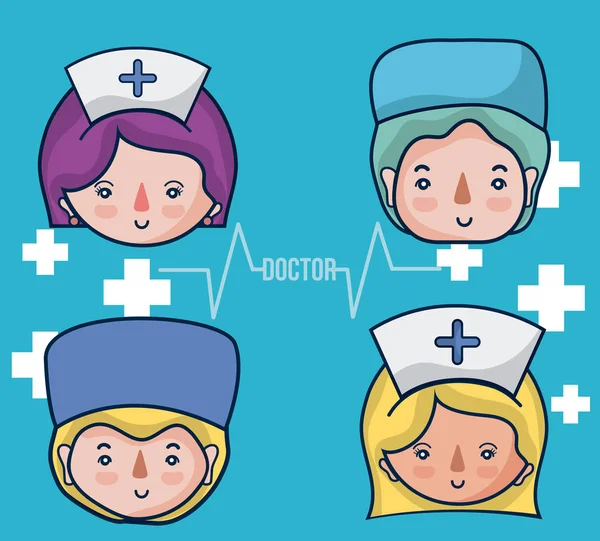 Roztomilé Ženské Lékařský Tým Kreslené Vektorové Ilustrace Grafický Design — Stockový vektor