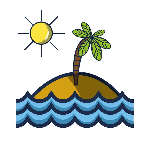 Ilha Com Palmeira Com Sol Ondas Oceano Vetor Ilustração —  Vetores de Stock