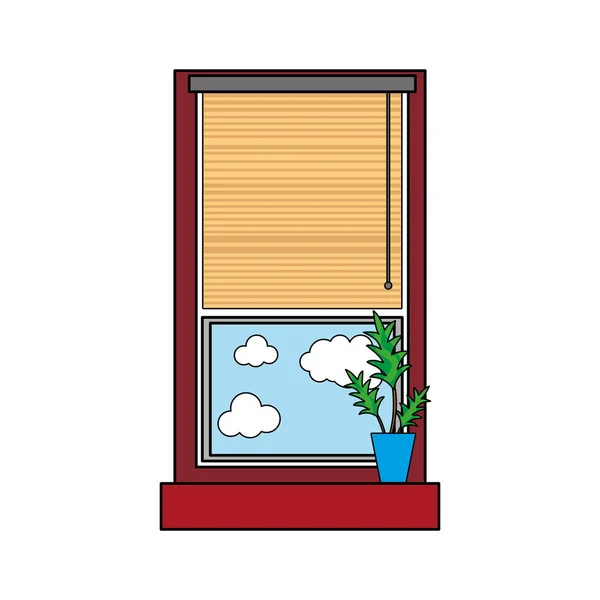Buntes Fenster Mit Geöffnetem Vorhang Und Pflanzenvektorillustration — Stockvektor