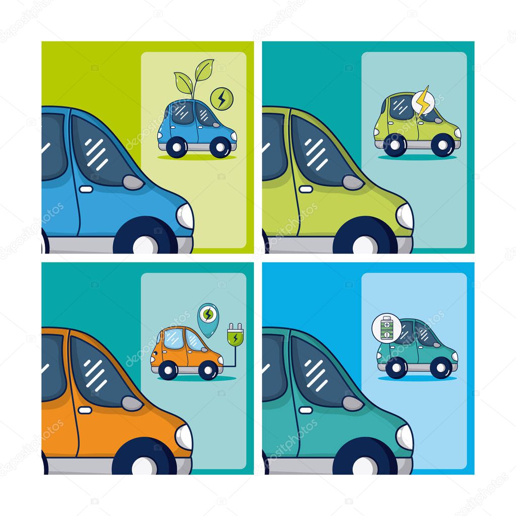 Electric car and green energy set of square frames vector illustration graphic design