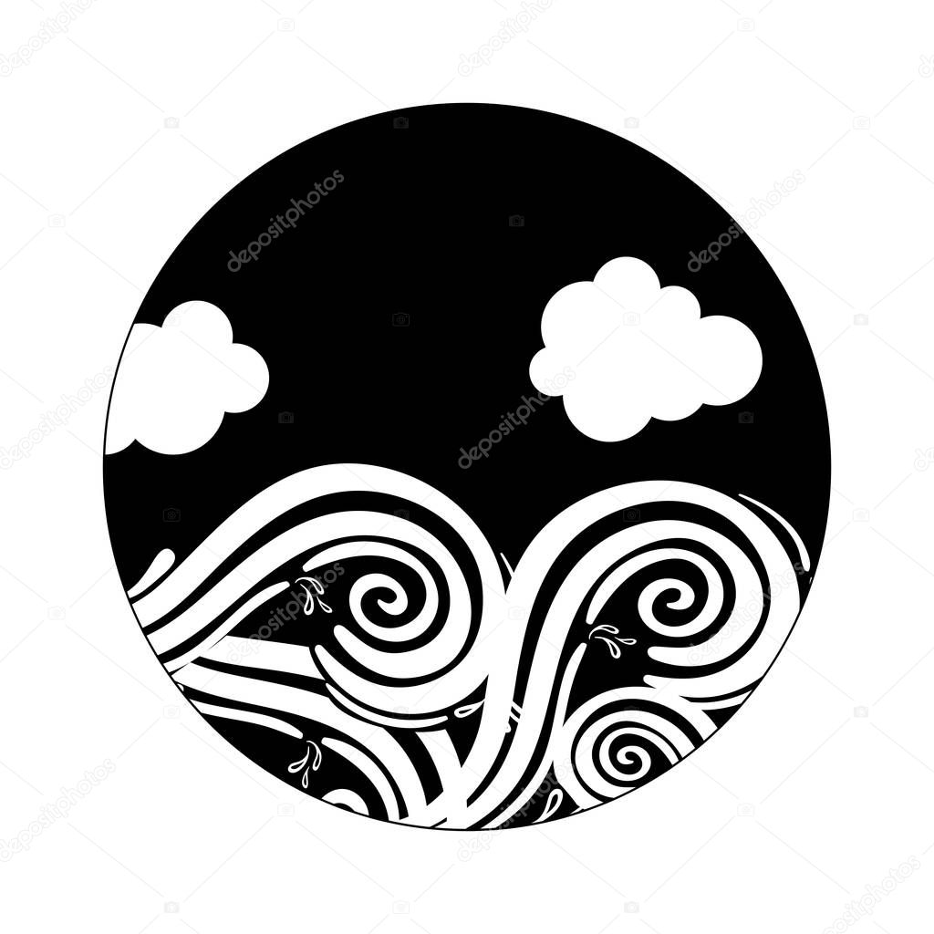 silhouette landscape sky and wave with splashes vector illustration