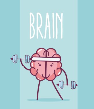 Şirin beyin karikatür dumbbells vektör çizim grafik tasarım kaldırma