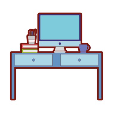 çizgi rengi ahşap Resepsiyon bilgisayar ekranı ve kitap vektör çizim ile