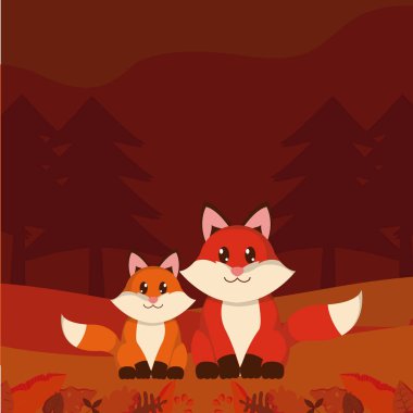 Tilki, orman günbatımı sevimli hayvan çizgi film vektör çizim grafik tasarım