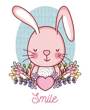 Güzel bunny çizgi çiçek ve mutlu mesaj vektör çizim grafik tasarım