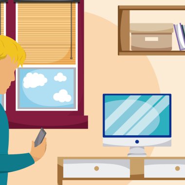 Genç adam akıllı telefon oda vektör çizim grafik tasarım kullanarak