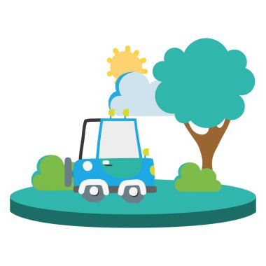 renkli agrimotor araba ağaç ve güneş vektör çizim ile şehirde