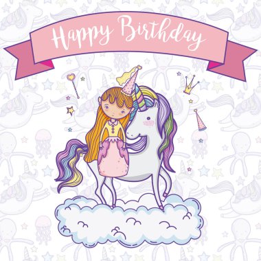 Prenses ve midilli karikatür vektör çizim grafik tasarım ile şirin Doğum günü kartı