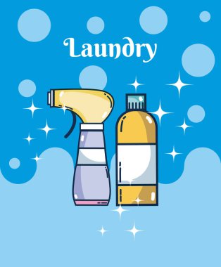 Deterjan şişeleri Çamaşırhane kavram üzerinde kabarcıklar arka plan vektör çizim grafik tasarım