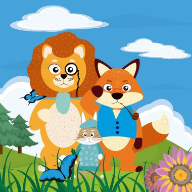 Cute, komik hayvanlar üzerinde manzara vektör çizim grafik tasarım
