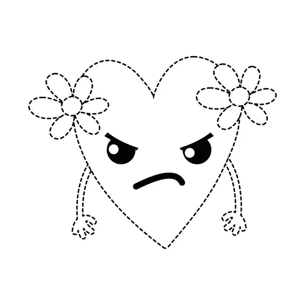 Tečkované Tvar Zlost Srdce Květinami Kawaii Kreslené Vektorové Ilustrace — Stockový vektor