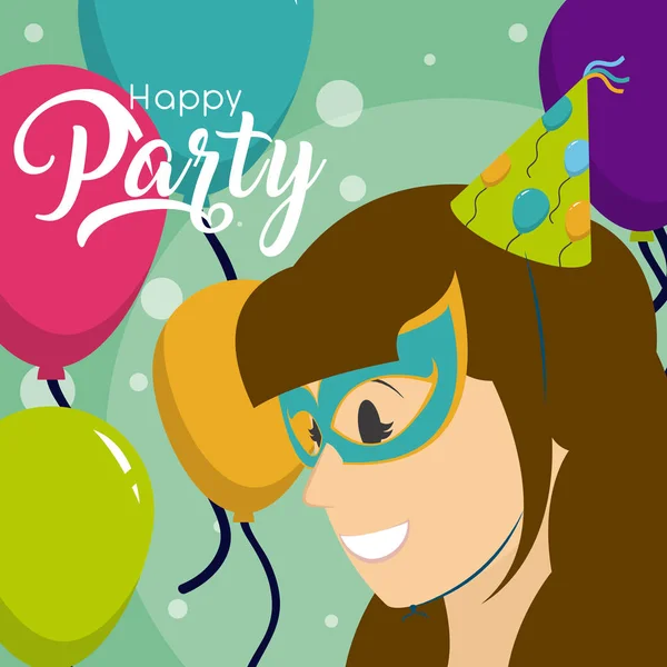 Gelukkig Partij Kaart Met Ballonnen Vrouw Met Masker Cartoon Vector — Stockvector