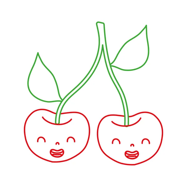 颜色线可爱的樱桃卡瓦伊微笑水果矢量插图 — 图库矢量图片