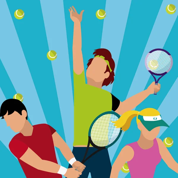 Jugadores Tenis Lanzando Bolas Dibujos Animados Sobre Rayas Azul Vector — Archivo Imágenes Vectoriales