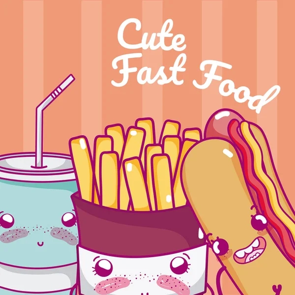 Bonito Fast Food Combo Kawaii Desenho Animado Vetor Ilustração Design — Vetor de Stock