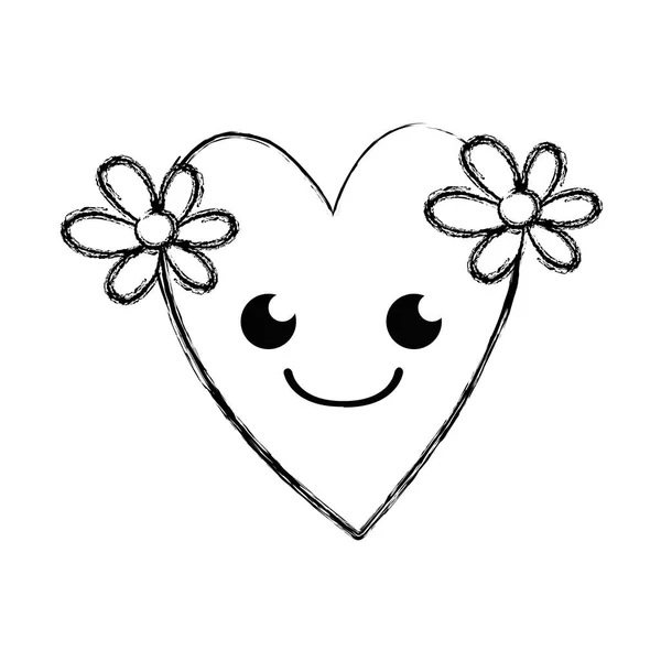 Figure Sourire Coeur Avec Des Fleurs Kawaii Dessin Animé Vectoriel — Image vectorielle