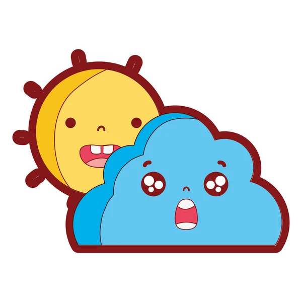 Color Línea Feliz Sol Nube Sorprendida Kawaii Vector Ilustración — Archivo Imágenes Vectoriales