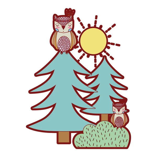 线颜色种族猫头鹰动物与松树和灌木向量例证 — 图库矢量图片