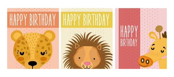Set Von Glücklichen Geburtstag Tiere Karten Vektor Illustration Grafik Design — Stockvektor